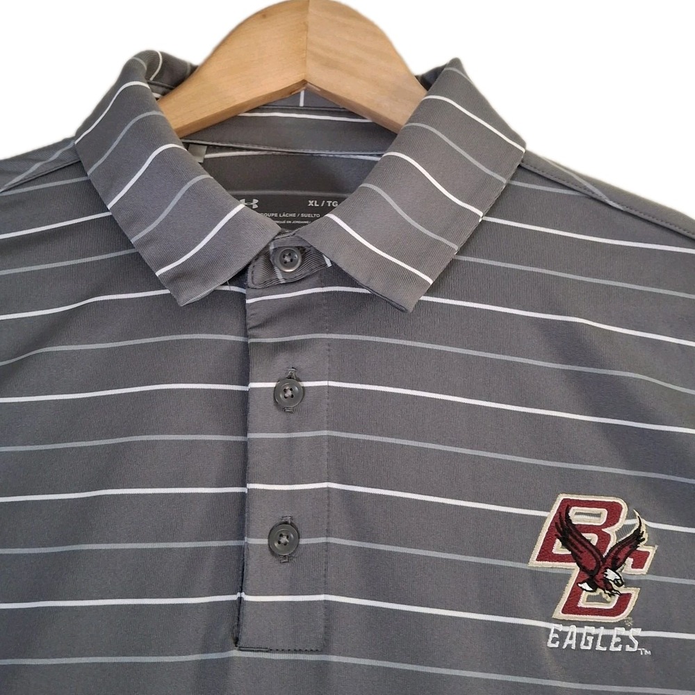 Boston College Eagles Under Armour Polo Shirt Men's XL Gray Striped Performance